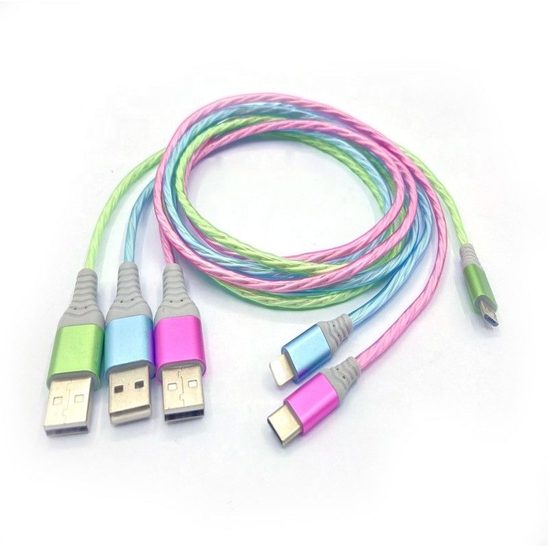 Быстрый зарядный кабель 3 В 1 типе кабеле молнии кабеля USB СИД C 3A красочном поручая проблескивая